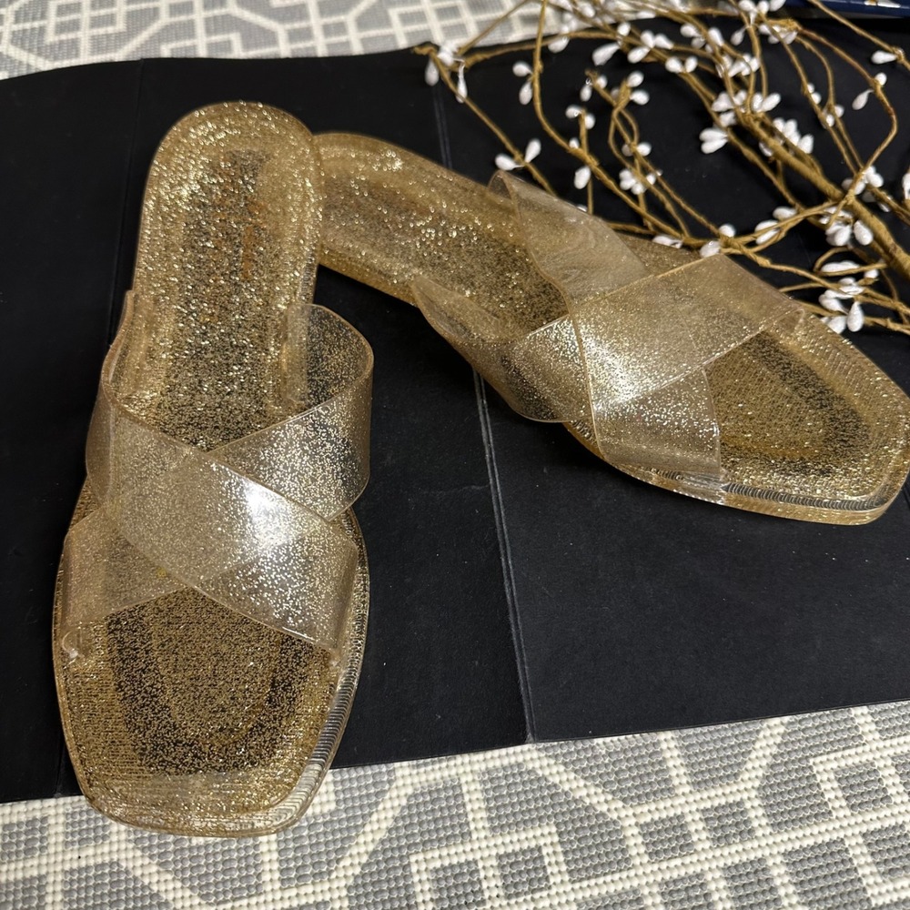 Anthropologie x Matisse Gold Glitter Clear Jelly‎ Cross Strap Sandals sz 9M